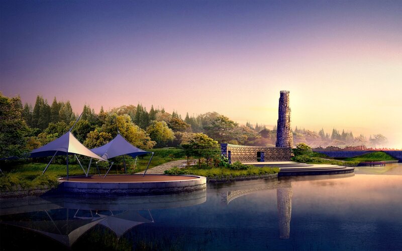 Stone Tower by Lake — Purple
