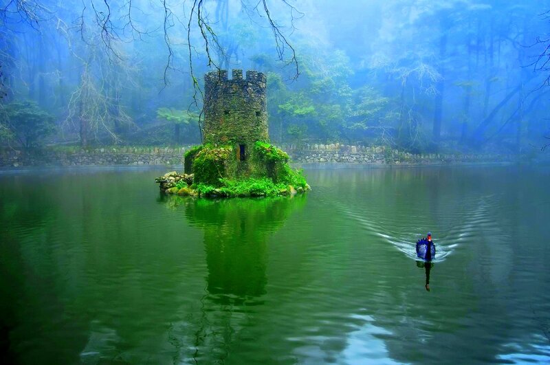 Stone Tower in Lake — Green