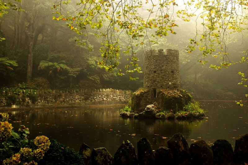 Stone Tower in Pond — Green