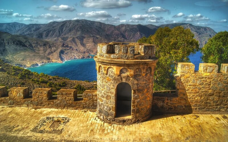 Stone Tower on Cliff — Blue, Dramatic, Afternoon