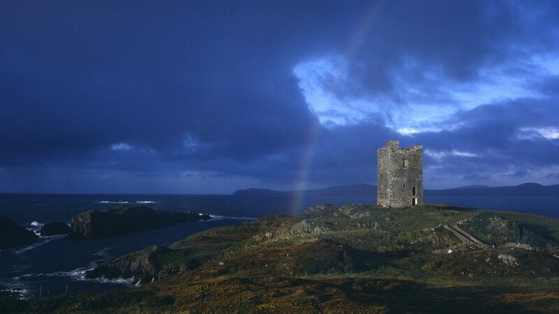 Stone Tower on Cliff — Blue, Dramatic, Night, Photograph
