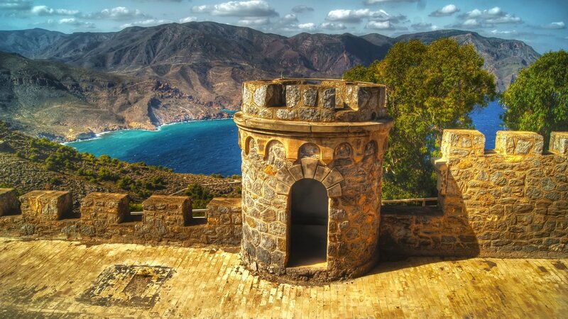 Stone Tower on Cliff — Blue, Dramatic