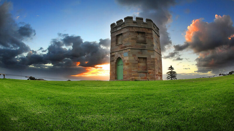 Stone Tower on Grassy Hill — Green
