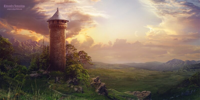 Stone Tower on Hill — Green, Dramatic