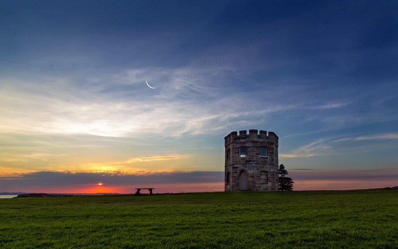 Stone Tower on Hill — Green, Serene, Sunset
