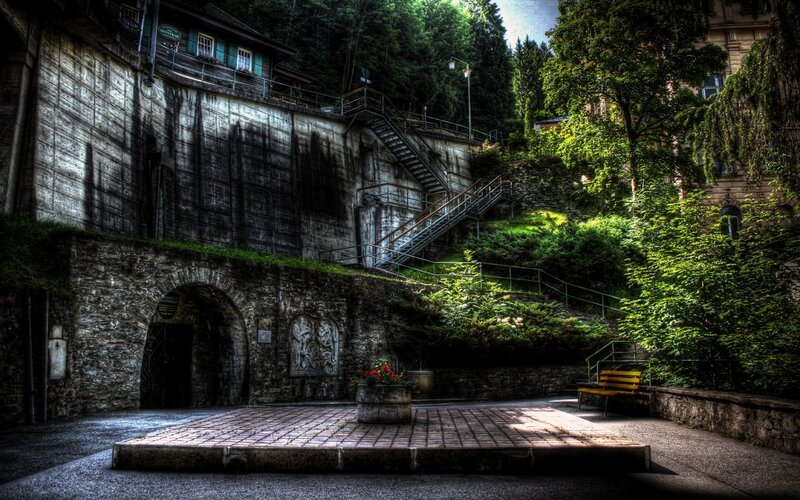 Stone tunnel entrance with stairs