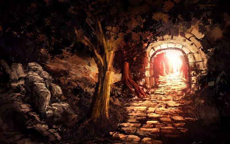 Stone Tunnel in Forest — Brown, Dramatic