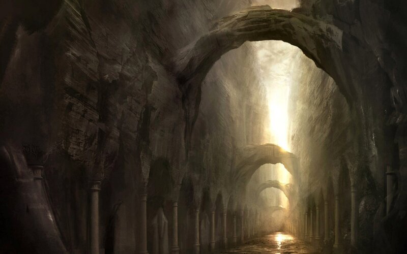 Stone Tunnel with Arches — Gray, Dramatic, Digital Art