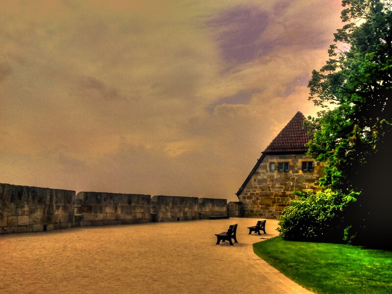 Stone Wall and Building