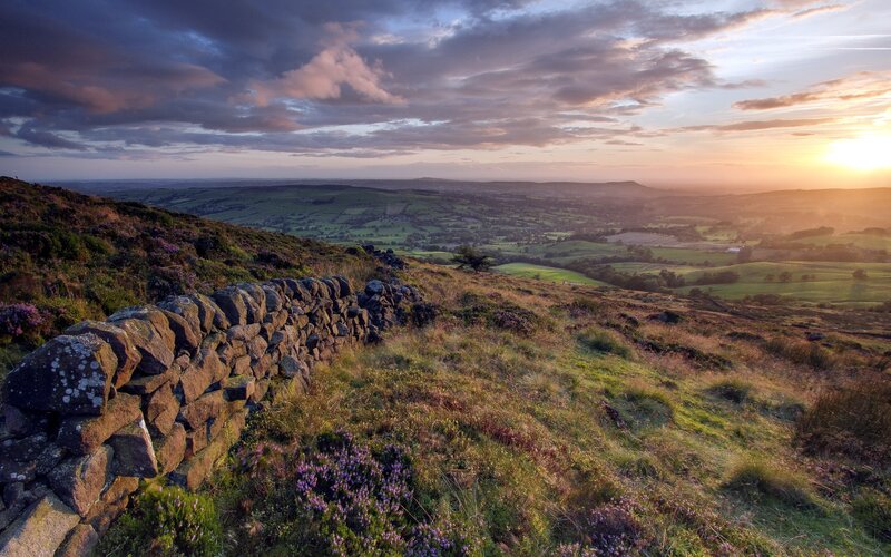 Stone Wall on Hillside — Green, Serene, Sunset