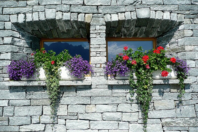 Stone Wall with Flower Boxes
