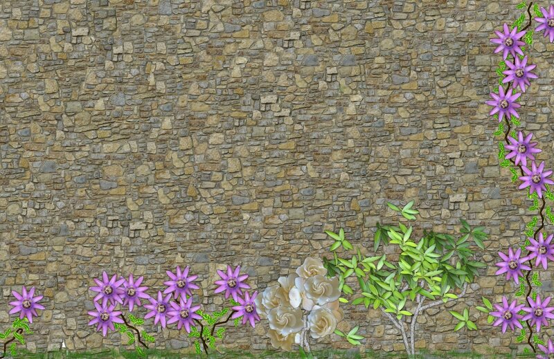 Stone Wall with Flowers — Purple
