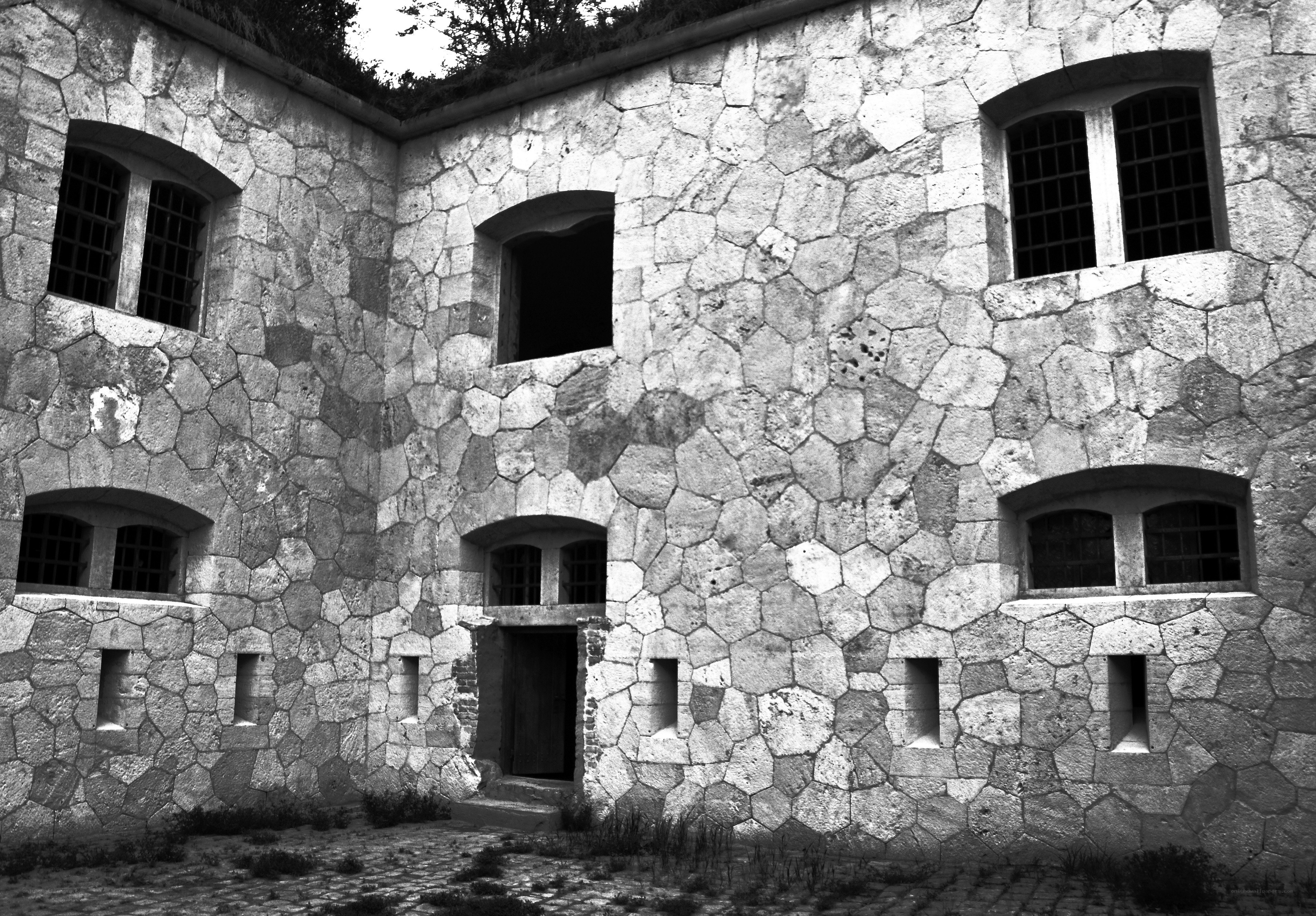 Stone-walled fortress courtyard