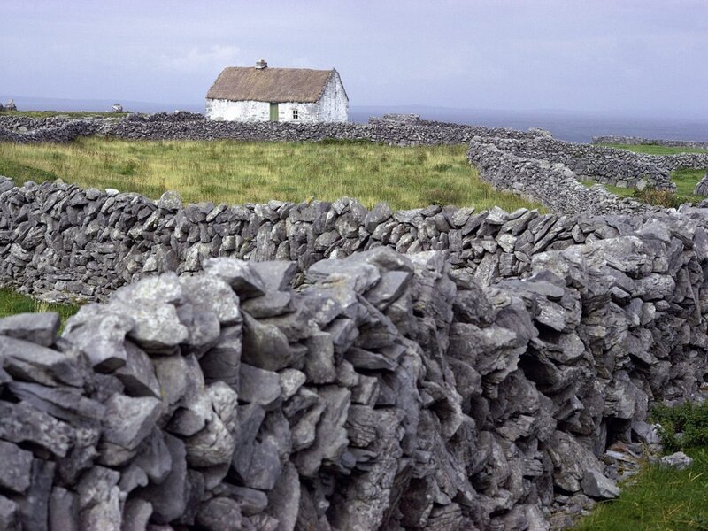 Stone walls and cottage on an island