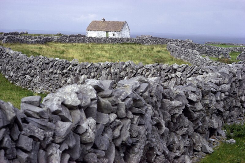 Stone walls and cottage on an island