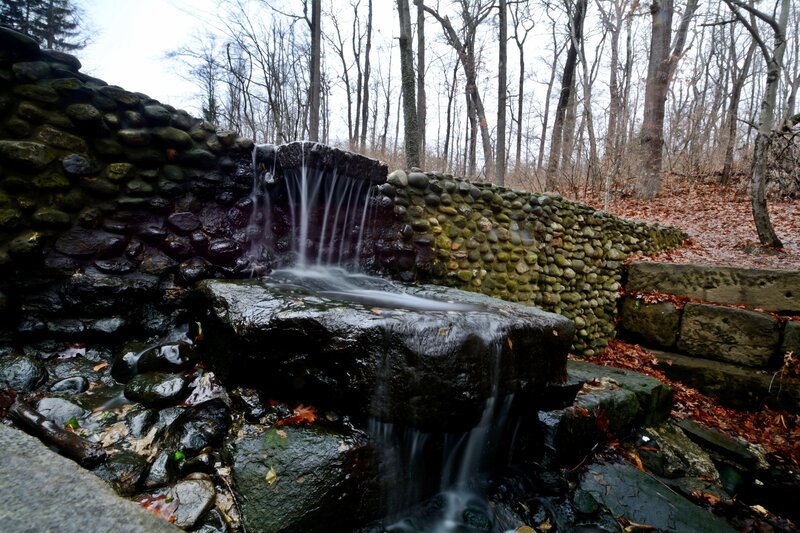 Stone Waterfall in Forest — Green, Serene, Autumn