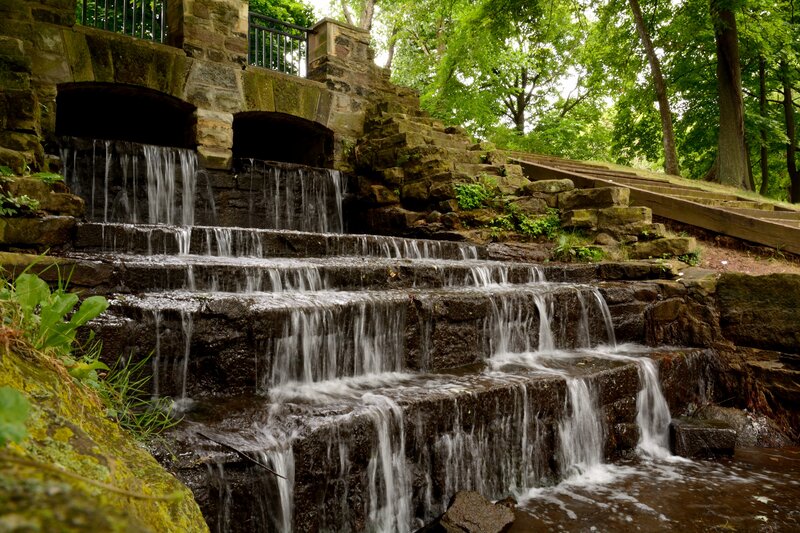 Stone Waterfall Structure — Green, Serene, Summer, Photograph