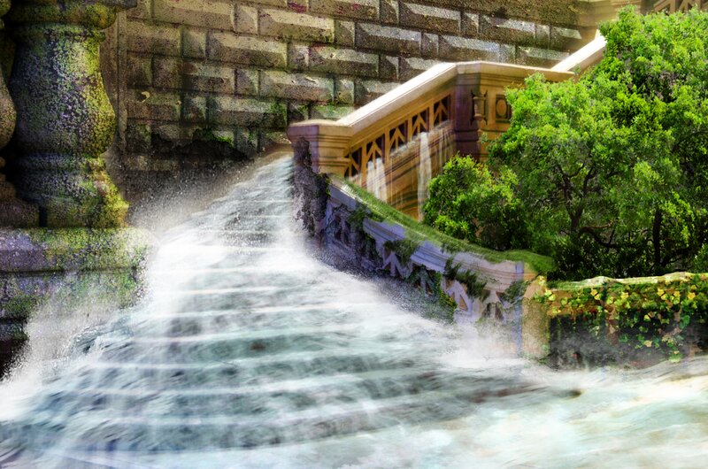 Stone Waterfall Structure — Green, Serene