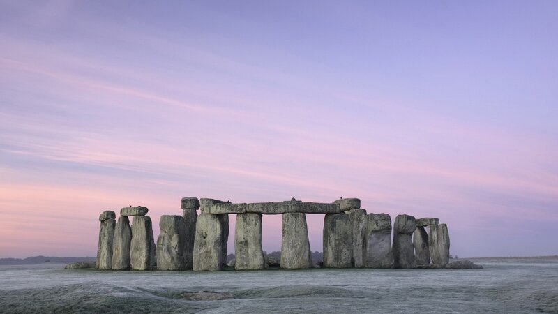 Stonehenge at Dawn — Purple, Serene, Sunrise, Photograph, Sky, Frost, Stones