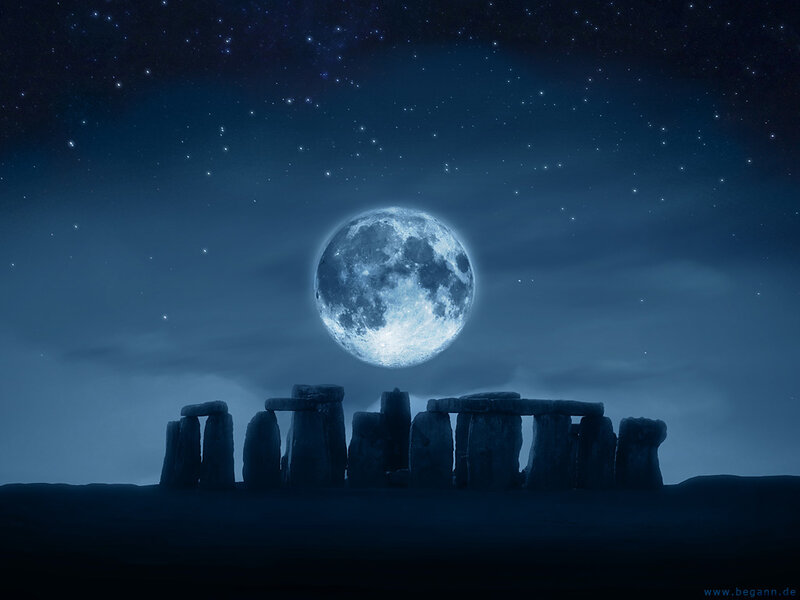 Stonehenge at Night — Blue, Serene, Digital Art, Moon