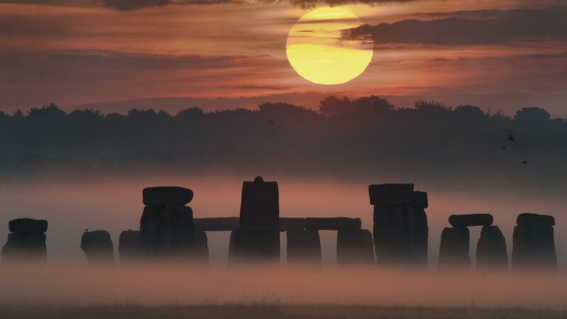 Stonehenge at Sunrise — Orange, Serene, Photograph, Sun, Fog