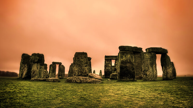 Stonehenge at Sunset — Orange, Dramatic, Photograph, Grass, Sky, Stones, Green, Brown