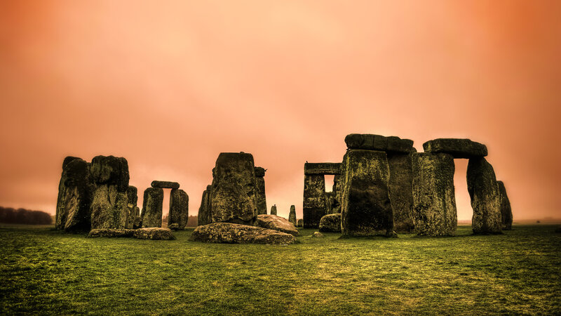 Stonehenge at Sunset — Orange, Dramatic, Photograph, Grass, Sky