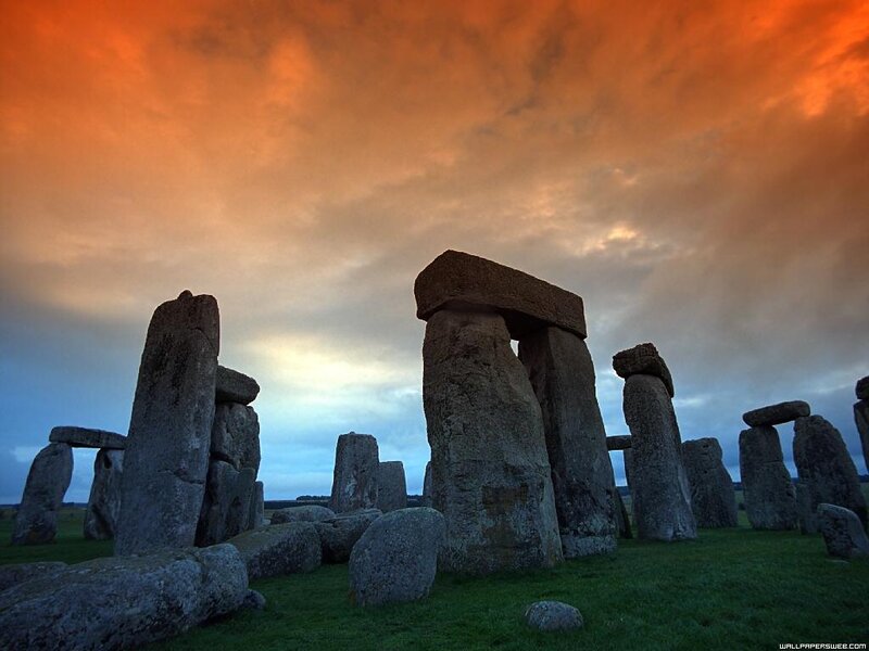 Stonehenge at Sunset — Orange, Dramatic, Photograph, Sky, Grass, Stones, Blue, Green