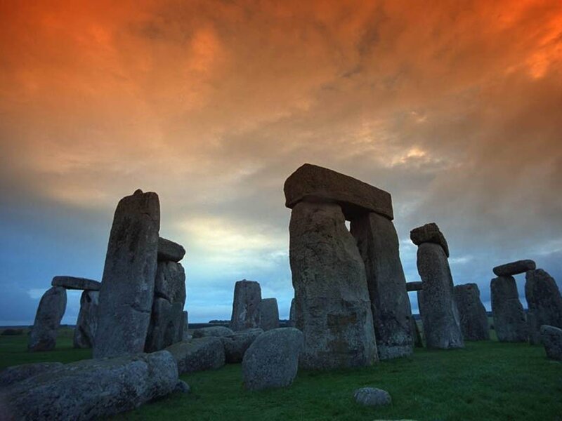 Stonehenge at Sunset — Orange, Dramatic, Photograph, Sky, Grass