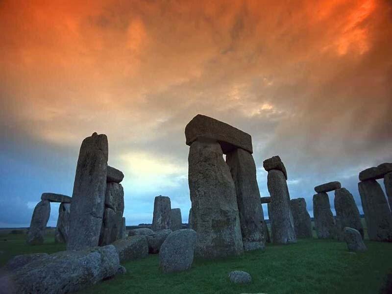 Stonehenge at Sunset — Orange, Dramatic, Photograph, Stones, Sky, Grass, Blue