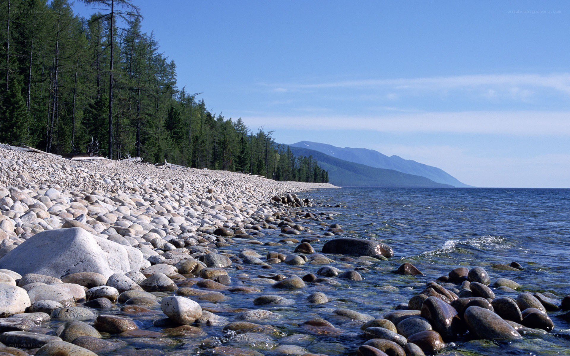 Stony beach along a lake