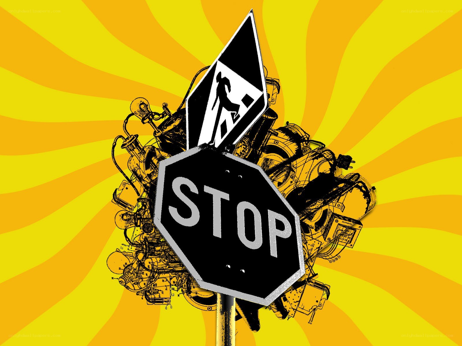 Stop sign with mechanical debris