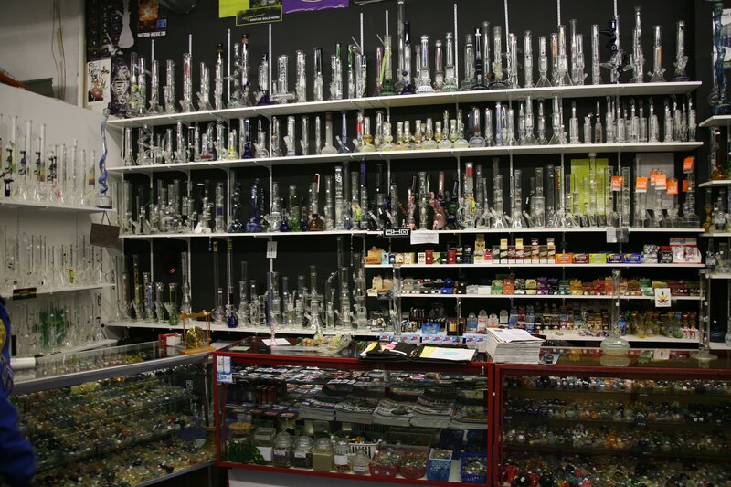 store with glass pipes and accessories