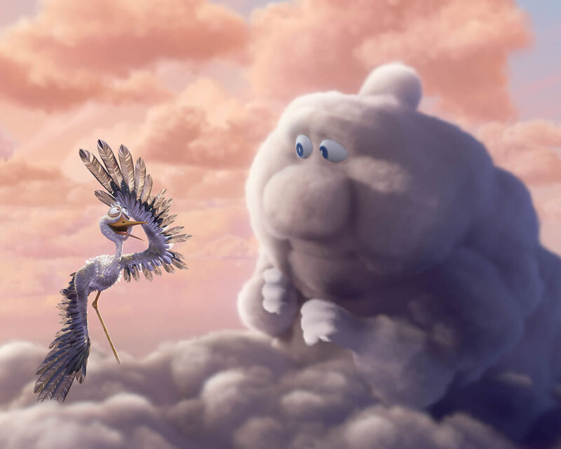 Stork and cloud creature in sky