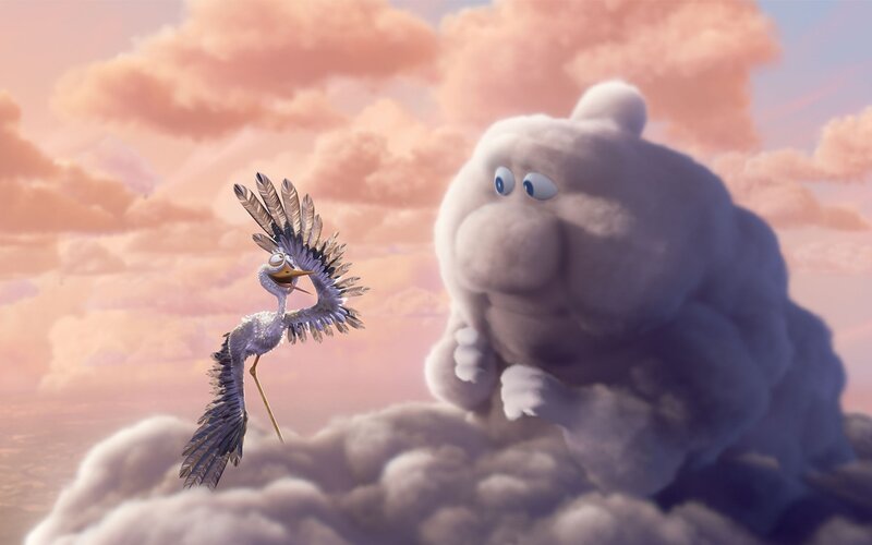 Stork and cloud creature in sky
