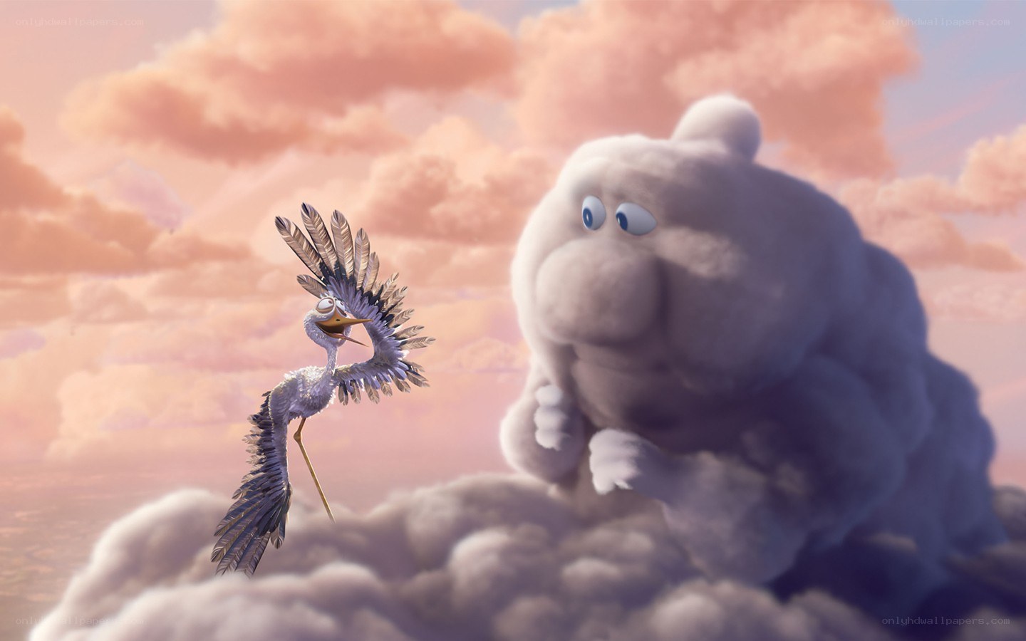 Stork and cloud creature in sky