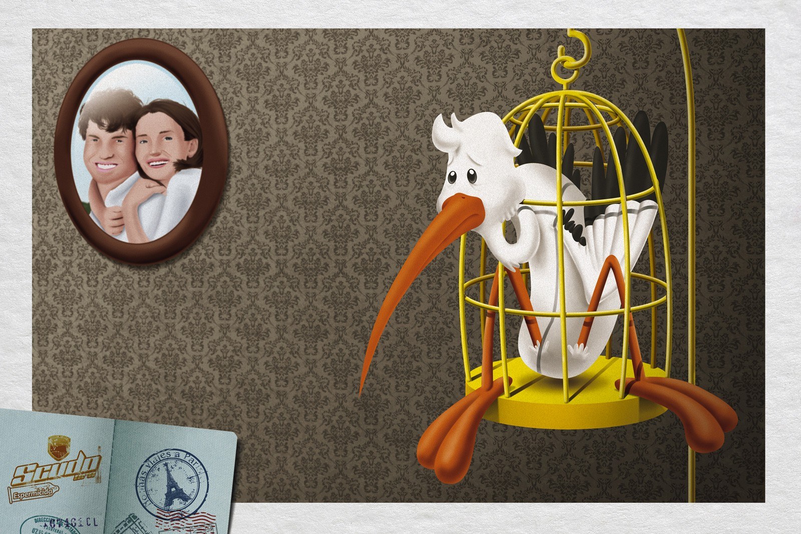 Stork in a cage with passport