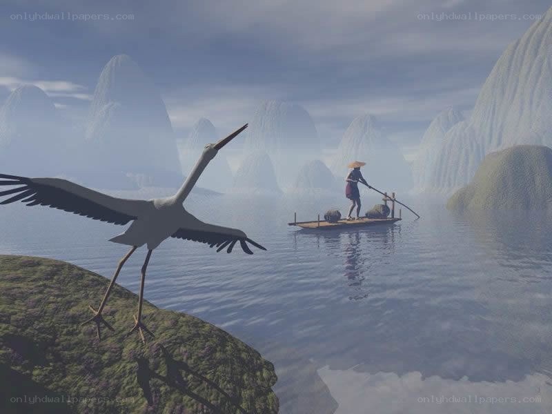 Stork on a rock by a river