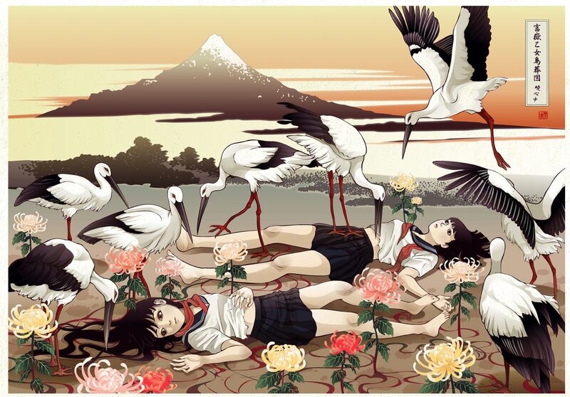Storks and girls in a field