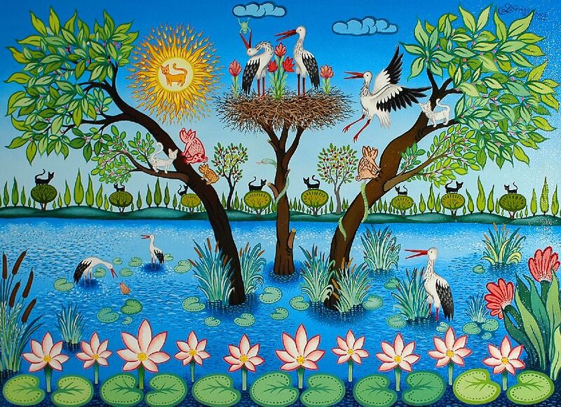 Storks in a Pond
