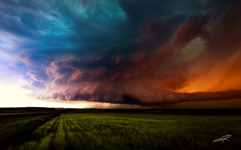 Storm Cloud over Field — Green, Dramatic, Sunset, Photograph