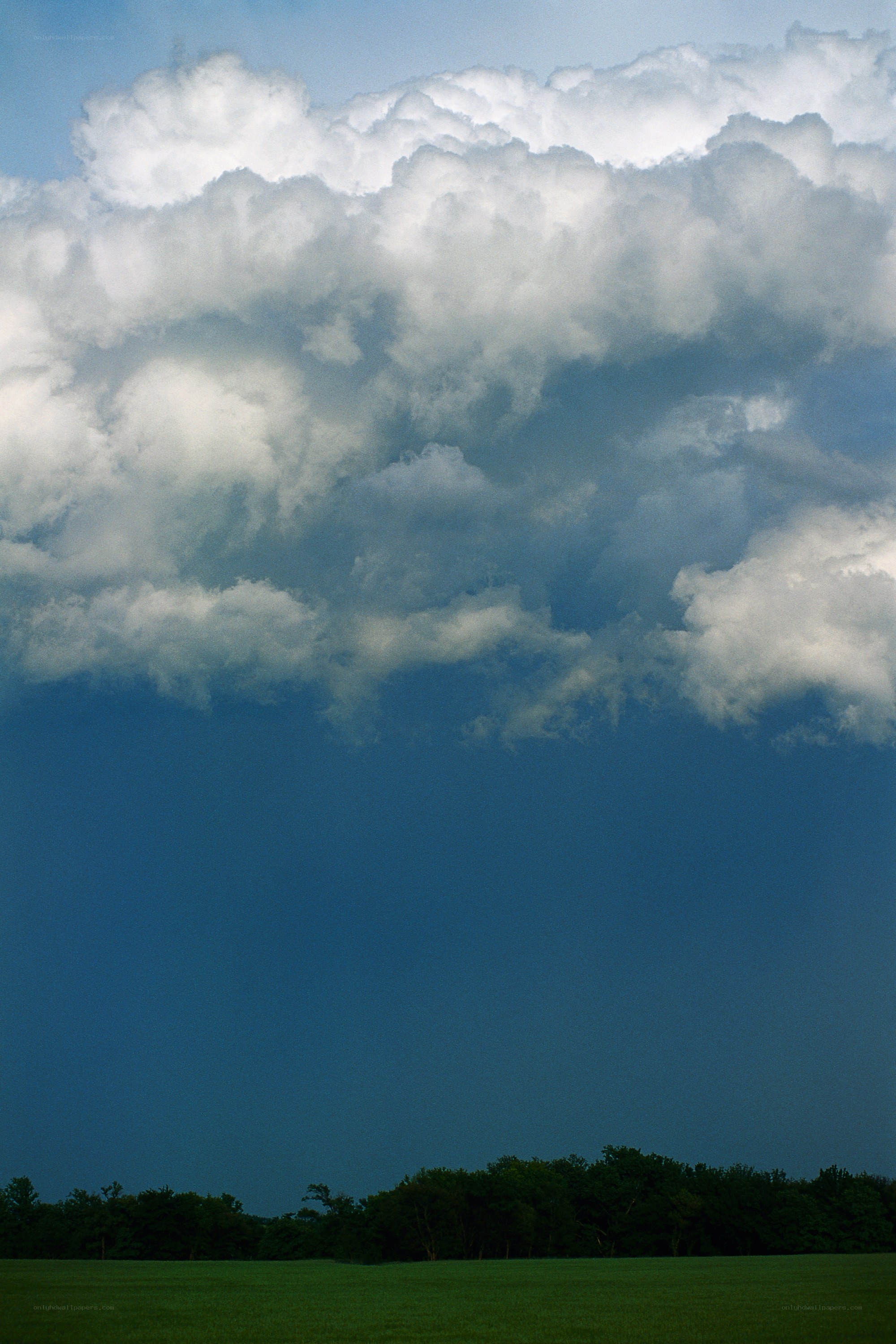 Storm clouds over a green field