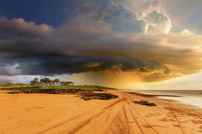 Storm Clouds over Beach — Orange, Dramatic, Sunset, Photograph