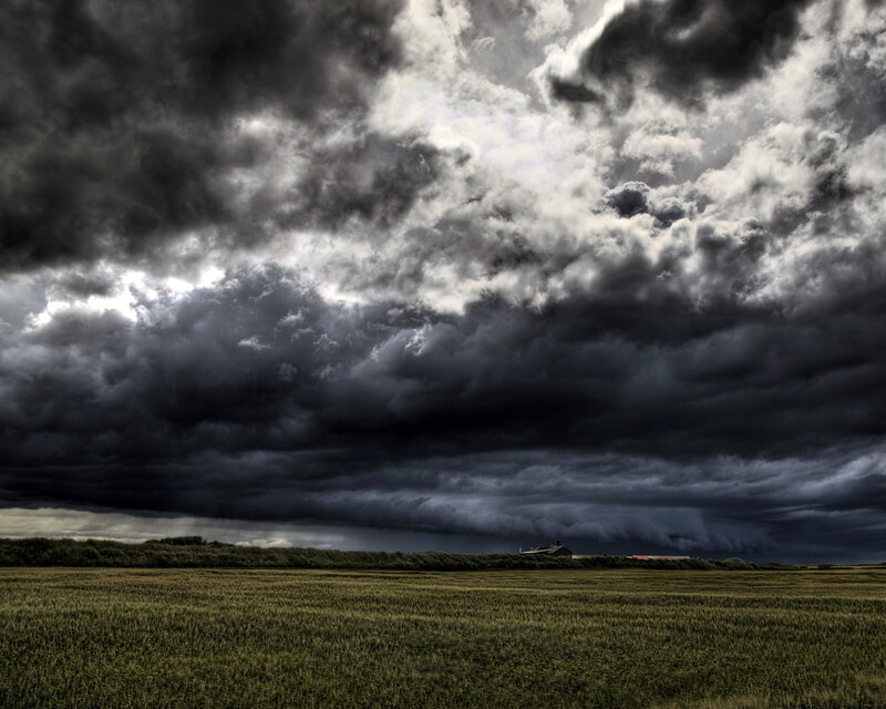 Storm Clouds over Field — Green, Dramatic, Afternoon, Photograph, Building