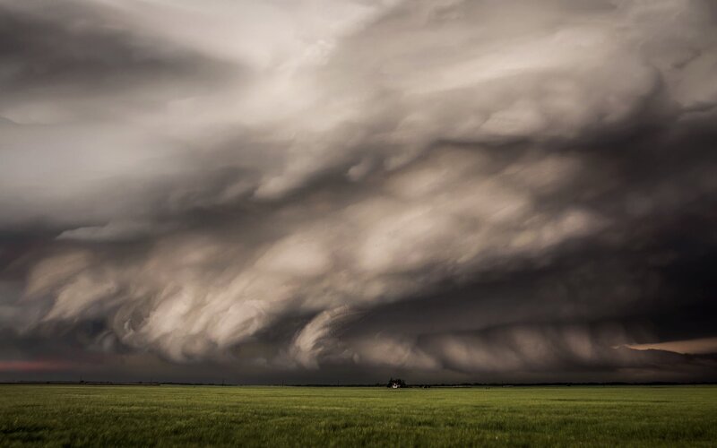 Storm Clouds over Field — Green, Dramatic, Afternoon, Photograph, House