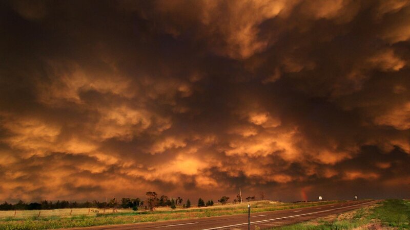 Storm Clouds over Highway — Orange, Dramatic, Sunset, Photograph, Trees