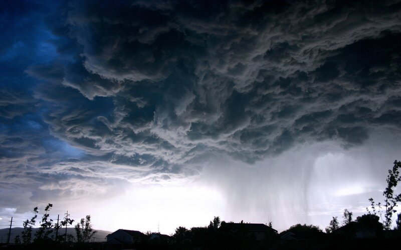 Storm Clouds over Houses — Gray, Dramatic, Night, Photograph, Trees