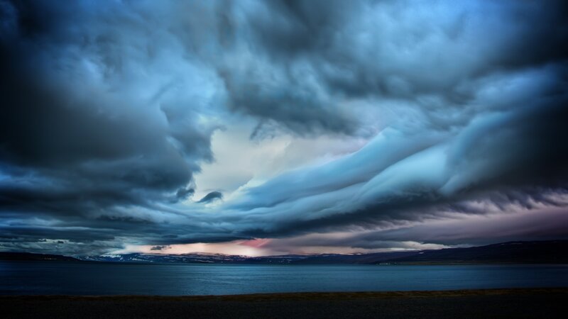 Storm Clouds over Lake — Blue, Dramatic, Sunset