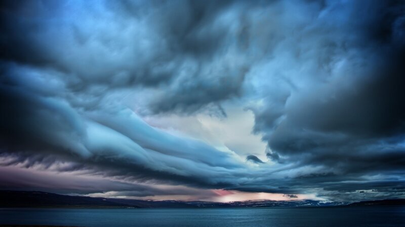 Storm Clouds over Water — Blue, Dramatic, Sunset, Photograph, Mountains