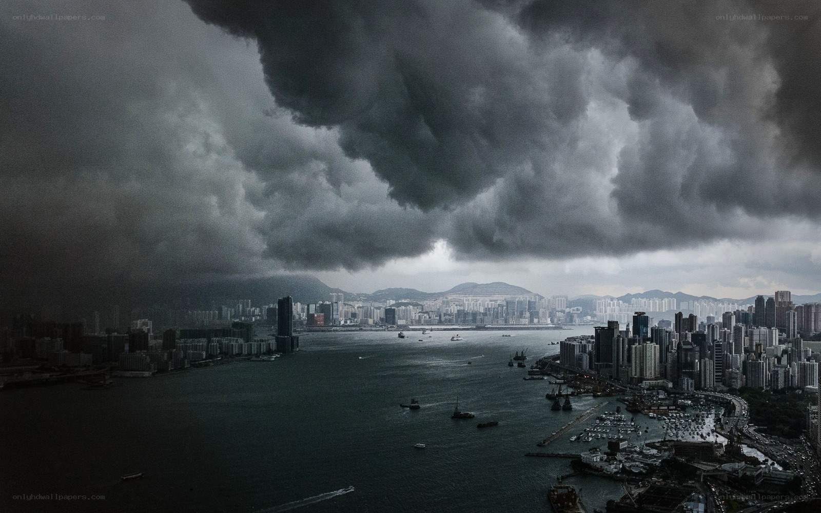 Storm over a city harbor